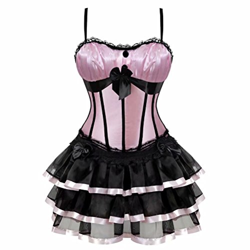 Jutrisujo korsett Damen vollbrust corsage kleid kurz rock mit träger strapse spitze schnürmieder burlesque gothic korsettkleid Rosa 2XL von Jutrisujo