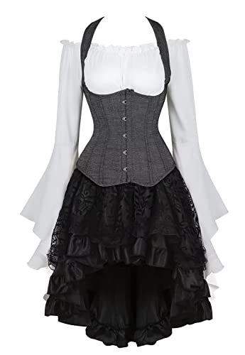 Jutrisujo Korsett Kleid Damen Rock Set Corset Corsage mit Strapse Spitze Vintage Corsagenkleid Kostüm Halloween Schwarz M von Jutrisujo