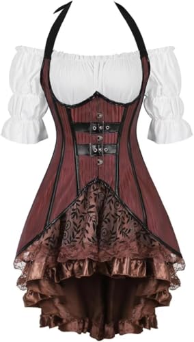 Jutrisujo Korsett Kleid Underbust Damen 3 Set Steampunk Corsage Mit Träger Lang Piraten Unregelmäßig Kostüm Für Karneval Karminrot XL von Jutrisujo