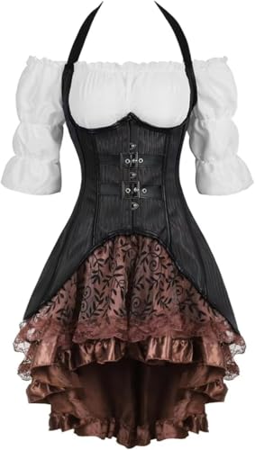 Jutrisujo Korsett Kleid Underbust Damen 3 Set Steampunk Corsage Mit Träger Lang Piraten Unregelmäßig Kostüm Für Karneval Schwarz 5XL von Jutrisujo