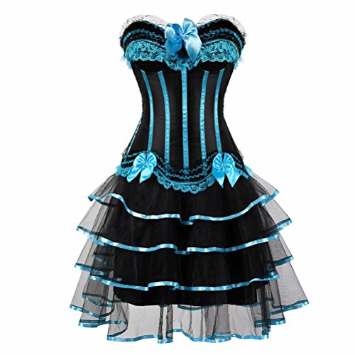 Jutrisujo Korsett Kleider Damen Set Rock Dress Corsagenkleid Corsage Bustier Streifen Spitze Gothic Burlesque Blau M von Jutrisujo