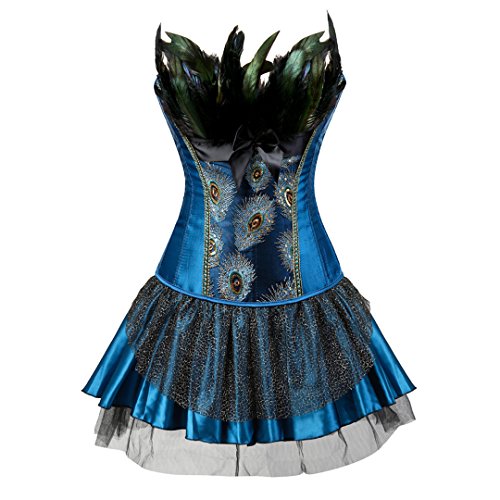 Jutrisujo Korsett Kleid Corsagenkleid Pfau Rock Corsage Vollbrust Feder Stickerei Kostüme Pattern Damen Burlesque Blau 3XL von Jutrisujo