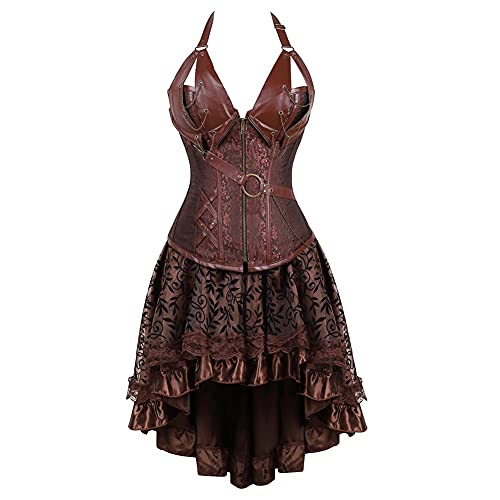 Jutrisujo Korsett Steampunk Corsage bustier Damen leder Kleid Rock Corsagenkleid Neckholder Gothic n Halloween kostüm pirat Braun M von Jutrisujo