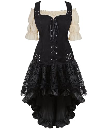 Mittelalter Kleid Damen Kleidung Renaissance Weste Bluse Rock 3PCS Piraten Kostüm Gothic Mantel Steampunk Cosplay Halloween Karneval Schwarz L von Jutrisujo