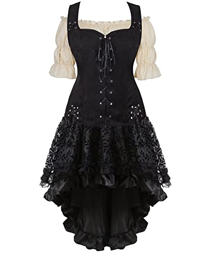 Mittelalter Kleid Damen Kleidung Renaissance Weste Bluse Rock 3PCS Piraten Kostüm Gothic Mantel Steampunk Cosplay Halloween Karneval Schwarz XS von Jutrisujo
