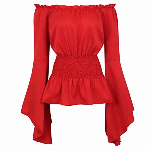 Mittelalter Kleidung Damen Bluse Trompetenärmel Kostüm Gothic T-Shirt Tops elegant sexy Vintage RETR Halloween Cosplay rot L von Jutrisujo