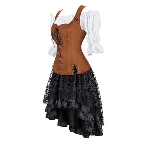 Mittelalter Kleidung Damen Kleid Weste mit Bluse Rock 3Set Pirat Kostüm Gothic Mantel Steampunk Renaissance Cosplay Top Halloween Braun XS Mittelalter Kleidung Damen Kleid Weste mit Bluse Rock 3Set Pirat Kostüm Gothic Mantel Steampunk Renaissance Cosplay Top Halloween Braun XS von Jutrisujo