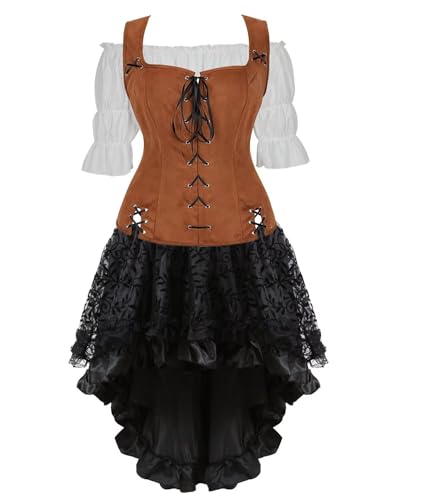 Mittelalter Kleidung Kleid Renaissance Rock Weste Bluse 3 Pcs Damen Pirat Kostüm Gothic Mantel Steampunk Cosplay Halloween Karneval Braun 3XL von Jutrisujo