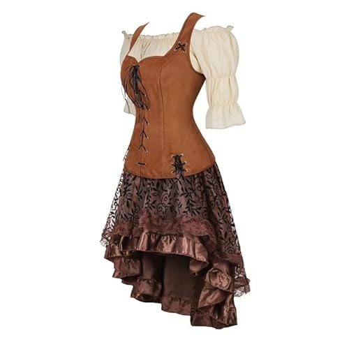 Mittelalter Kleidung Kleid Weste mit Bluse 3Set Damen Piraten Rock Kostüm Gothic Mantel Steampunk Renaissance Cosplay Top Halloween Braun 2XL von Jutrisujo