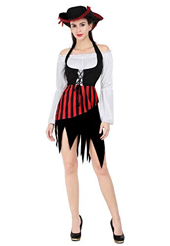 Piraten kostüm Pirat Damen sexy piratenkostüm Frauen Wikinger Karneval Halloween Kopftuch Oberteil röcke gürtel Weste rot XL von Jutrisujo