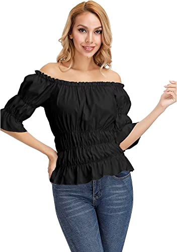 Schwarz Bluse Damen Elegant Shirt Damenblusen Kurzarm Sommer Sexy Schulterfrei Top Mittelalter Kleidung Kostüm Piraten Vintage Halloween 3XL von Jutrisujo