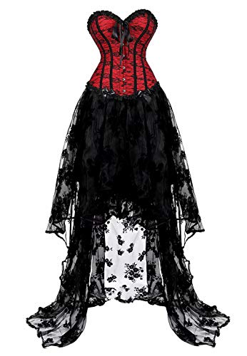 Jutrisujo vollbrust kleid corsage bustier korsett kleider spitze lang asymmetrisch rock tüllrock halloween Rot Schwarz S von Jutrisujo