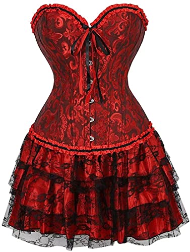 Jutrisujo Weihnachten Korsett Corsage Damen Kleid Rock Corset Dress Elegant Kostüm mit Corsagenkleid Spitzenrock Karneval Mittelalter Rot 3XL von Jutrisujo