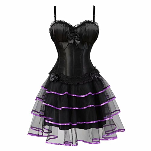 korsett Damen corsage kleid rock tutu mini kurz taillen viktorianisch mit träger strapse spitze burlesque gothic corset Schwarz Violett 6XL von Jutrisujo