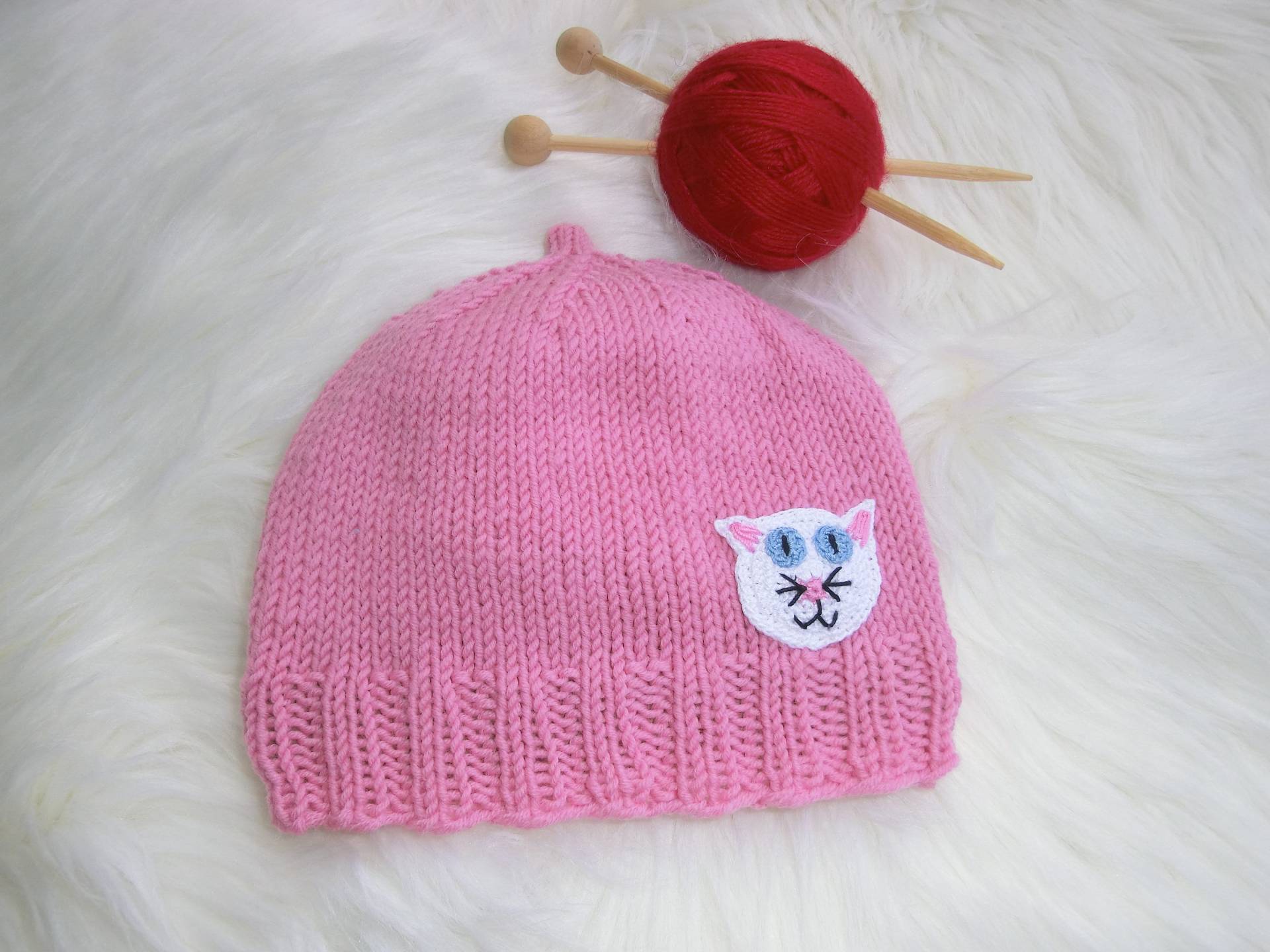 Babymütze Handgestrickt Ku 34-38 cm, 100 % Wolle | Merino, Rosa, Katze, Geschenk Geburt, Wollmütze, Erstlingsmütze, Strickmütze, Beanie, E673 von JuttasZauberStrick