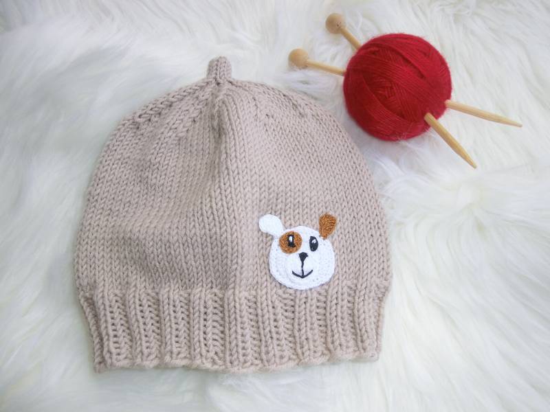 Babymütze Handgestrickt Ku 36-40 cm, 100 % Wolle | Merino, Beige, Hund, Geschenk Geburt, Wollmütze, Erstlingsmütze, Strickmütze, Beanie, E672 von JuttasZauberStrick