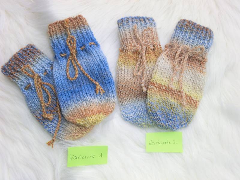 Extra Warme Babyhandschuhe Handgestrickt 15 cm, 100 % Wolle | Merino, Blau-Bunt, Babyfäustlinge, Daumenlos, Geschenk E641-642 von JuttasZauberStrick