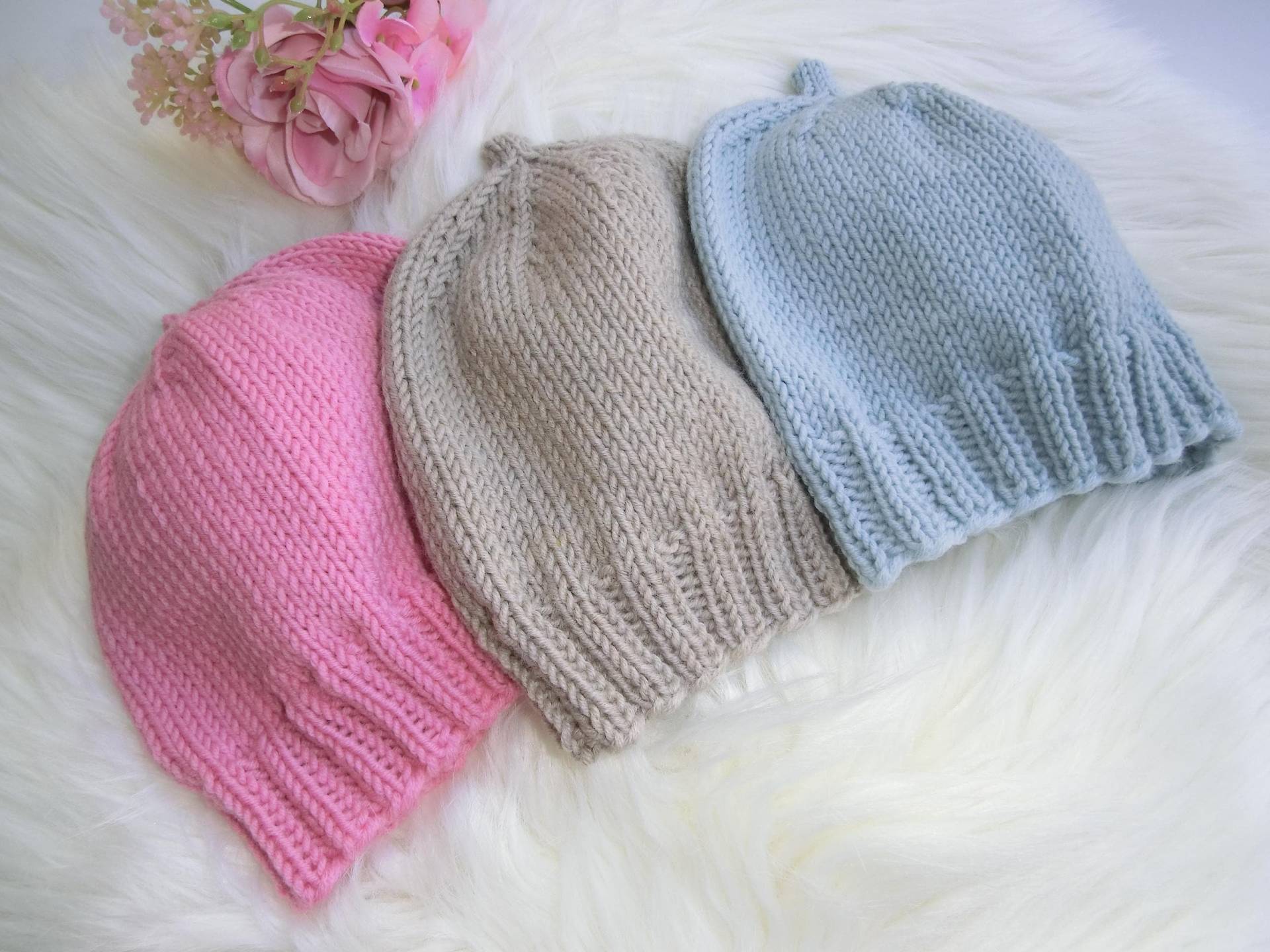 Gestrickte Warme Babymütze 100 % Wolle | Merino Warm Und Weich, Zarte Pastellfarben, Ku 34-38 cm, H 15 Strickmütze, Wollmütze Baby, E732 von JuttasZauberStrick