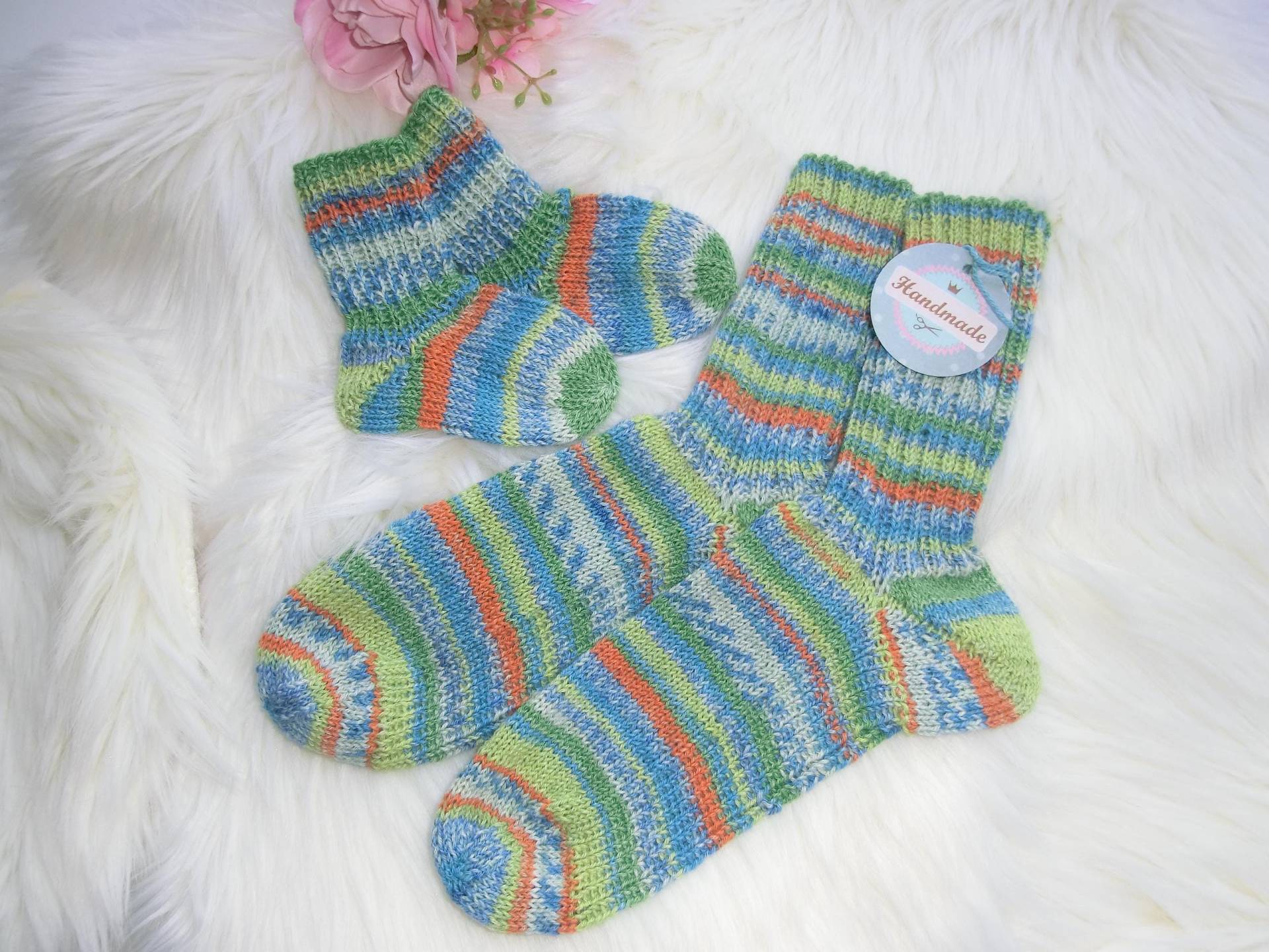 Socken Mutter-Kind Handgestrickt, Gr. 36/37 U. Ca. 11 cm, Blau-Türkis, Baumwolle-Wolle-Mix 4-Fädig, Geschenk, Stricksocken, Babysöckchen, E832 von JuttasZauberStrick