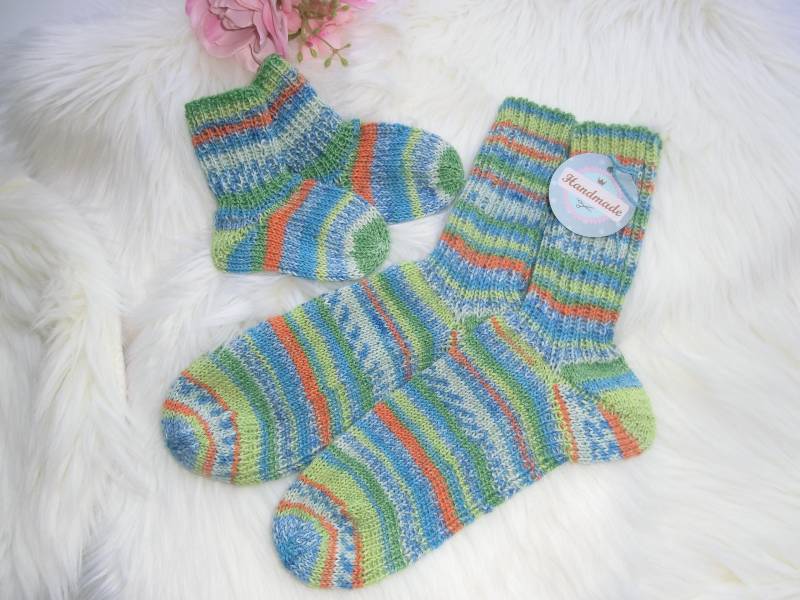 Socken Mutter-Kind Handgestrickt, Gr. 36/37 U. Ca. 11 cm, Blau-Türkis, Baumwolle-Wolle-Mix 4-Fädig, Geschenk, Stricksocken, Babysöckchen, E832 von JuttasZauberStrick