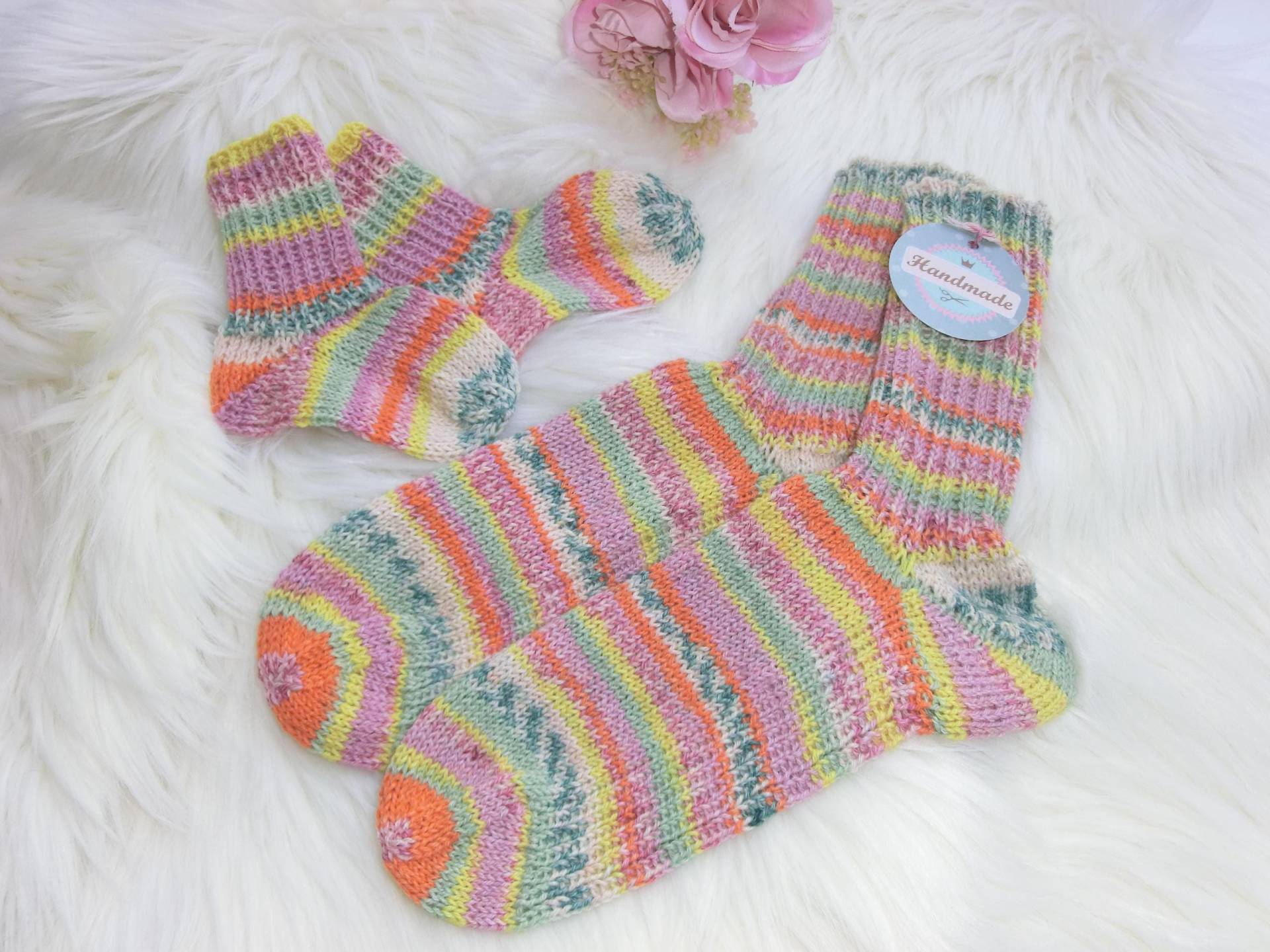 Socken Mutter-Kind Handgestrickt, Gr. 36/37 U. Ca. 11 cm, Rosa-Grün, Baumwolle-Wolle-Mix 4-Fädig, Geschenk, Stricksocken, Babysöckchen, E831 von JuttasZauberStrick