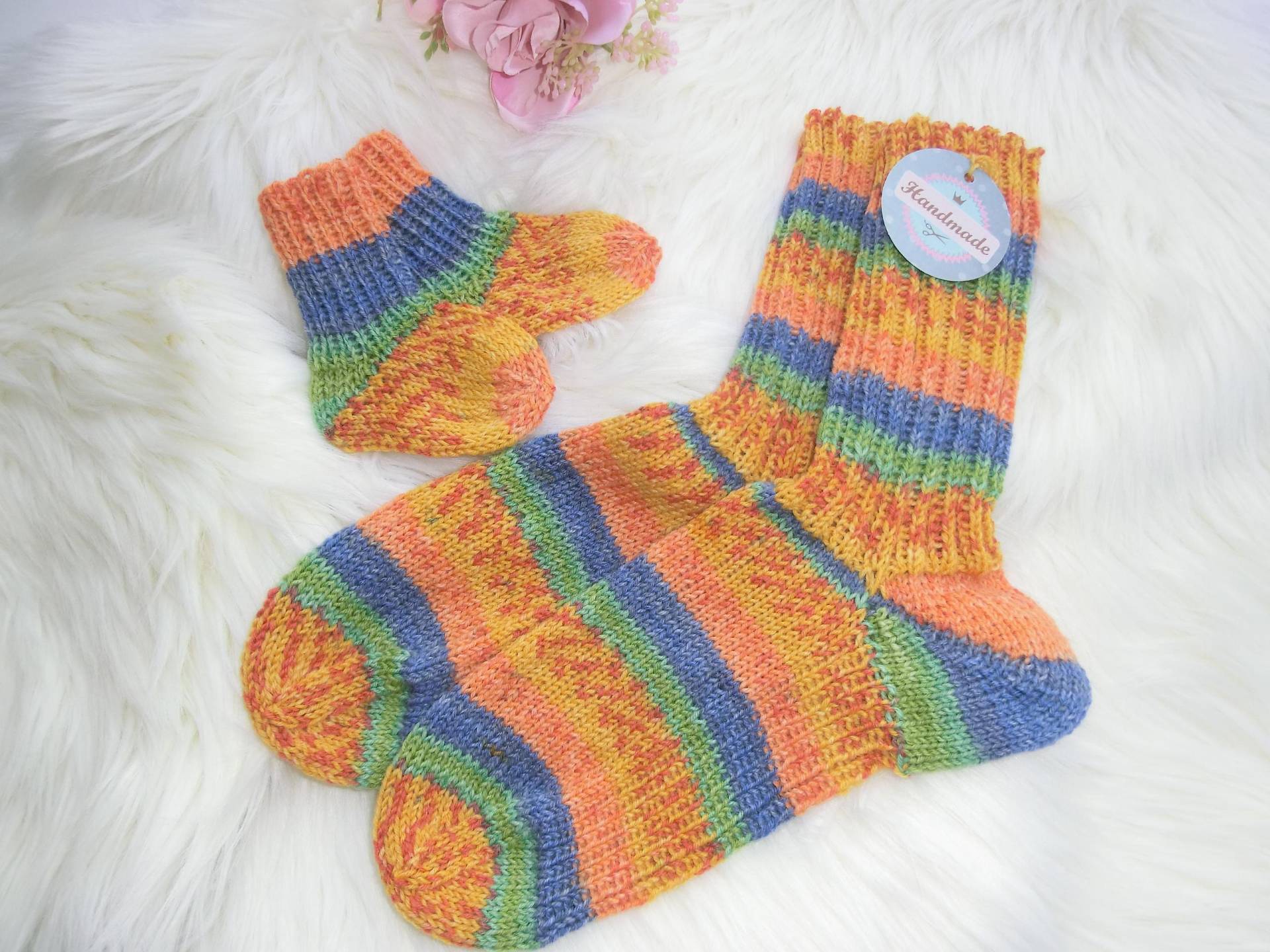 Socken Mutter-Kind Handgestrickt, Gr. 38/39 Und Ca. 9 cm, Orange-Blau-Grün, Wolle-Misch, 4-Fädig, Wollsocken, Stricksocken, Geschenk, E829 von JuttasZauberStrick