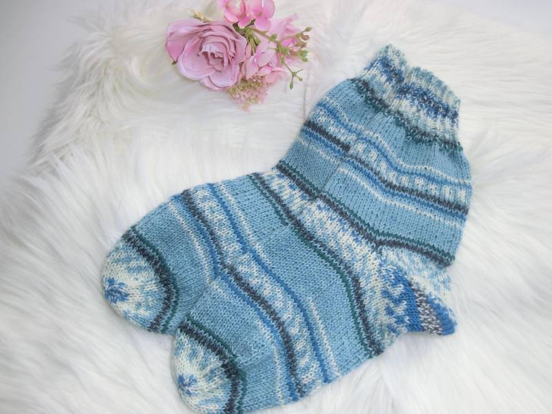 Socken Warm Gr.36-37 Handgestrickt, Wolle-Misch 4-Fädig, Blautöne, Wollsocken, Wintersocken Stiefelsocken, Kuschelsocken, Stricksocken, E765 von JuttasZauberStrick