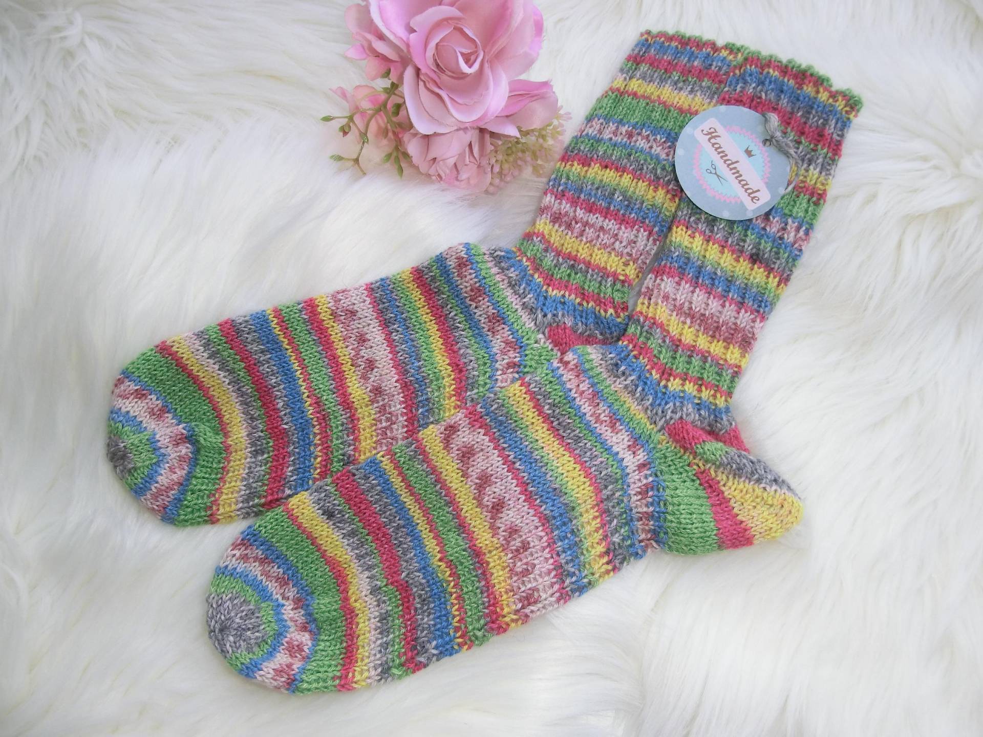 Warme Socken Handgestrickt Gr. 38/39, Bunter Farbverlauf, Wolle-Misch 4-Fädig, Strümpfe, Stricksocken, Strickstrümpfe, Wollsocken -E835 von JuttasZauberStrick