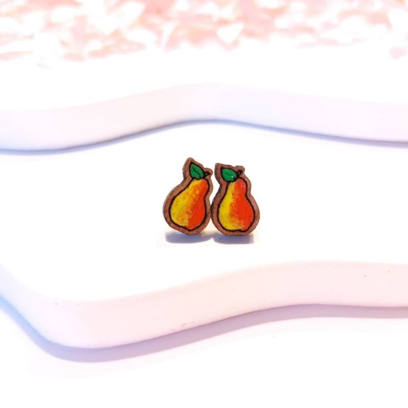 Handbemalte Holz Ohrstecker Birne Obst Frucht Rot Gelb von JuvelatoStore