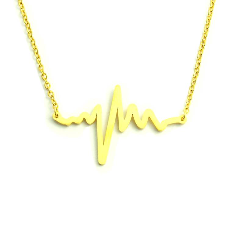 Kette Edelstahl Herzschlag Herz Puls Elektrokardiogramm Anhänger Golden von JuvelatoStore