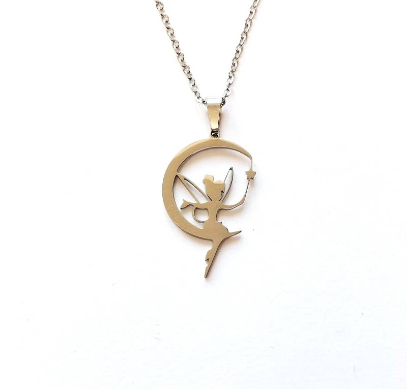 Kette Fee Auf Mond Elfe Märchen Zaubern Fliegen Flügel Mädchen Edelstahl Golden Silbern von JuvelatoStore