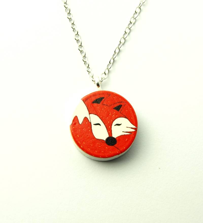 Kette Holz Fuchs Rot Weiß Blau Anhänger Edelstahl Golden Silbern von JuvelatoStore