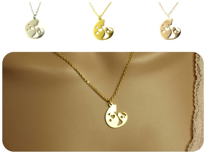 Kette Katzen Mutter Kind Herz Anhänger Farbe Nach Wahl Golden Silbern Rosé von JuvelatoStore