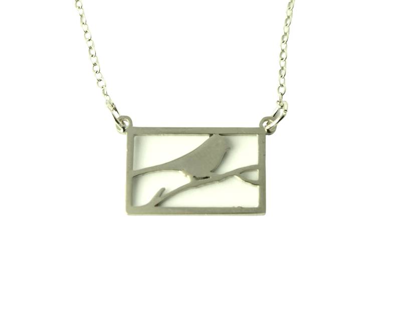 Kette Vogel Auf Zweig Rechteck Edelstahl Anhänger Silbern von JuvelatoStore
