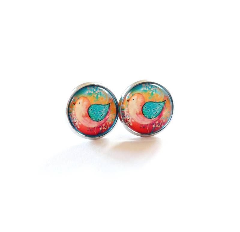 Ohrringe Bunter Vogel Zeichnung Malerei Cabochon Muster Nach Wahl von JuvelatoStore