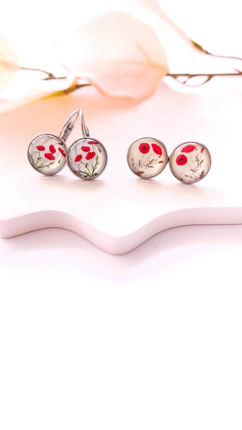 Ohrringe Nach Wahl Mohn Blüten Blumen Rot Glas Papier Cabochon Als Ohrstecker/Ohrhänger in Silber Bronze Golden Rosé von JuvelatoStore