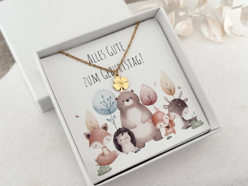 Kinder Halskette Kleeblatt Geburtstagsgeschenk Schultüte Schulanfang Regenbogen Mutmacher Glückskette Taufe Edelstahl Wasserfest von JuwelinoSchmuck