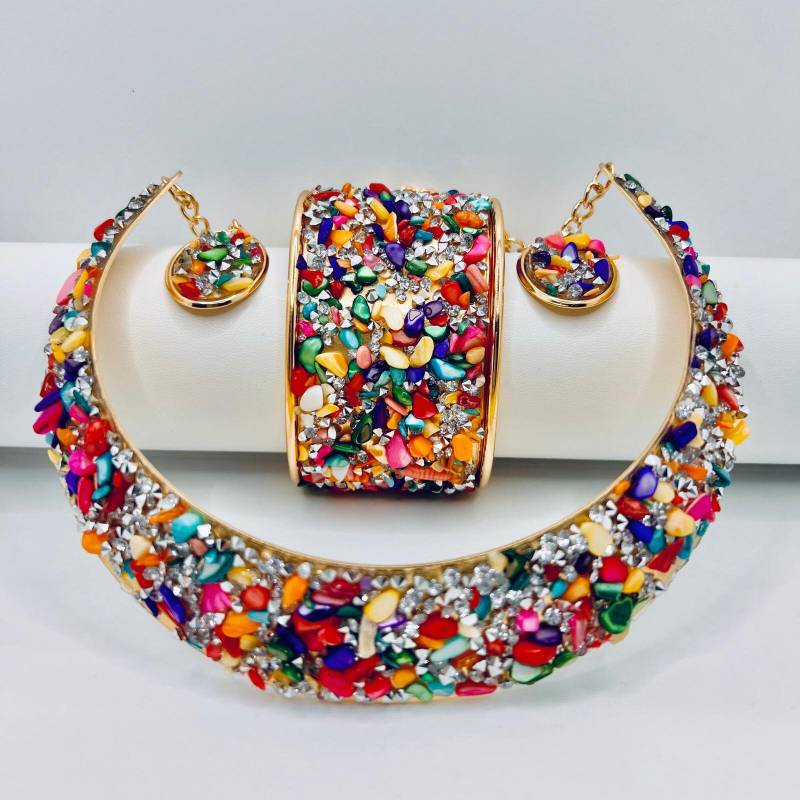 Boho Statement Schmuck Set 22 Karat Vergoldet Damen Retro Misch Farben Bunte von JuwelioShop
