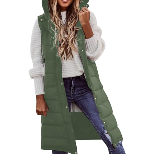 Damen-Wintermantel, Weste mit Kapuze, warmer Mantel, ärmellos, mit Taschen, gesteppte Weste, Daunenjacke, Outdoorjacke, gesteppt, lange Regenmäntel, für Damen, große Größe, Sweatjacke, D-Grün, 54 von Juyamh