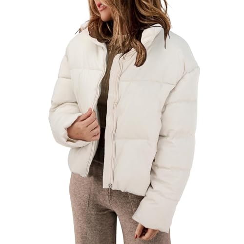 Juyamh Damen Winterjacke Stehkragen Daunenjacke Kurze Daunenjacke Mode Mantel Wintermantel Cabans Fleece für Damen, weiß, 42 von Juyamh