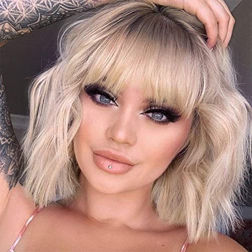 Perücke Blond mit Pony für Damen kurz Bob Locken Gewellte Perücken Synthetische Perucken wie Echthaar für Mädchen Tägliche Anwendung Wig (ca.27cm ombre blond) VD069M von Juziviee