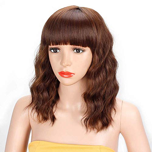 Perücke Braun mit Pony für Damen kurz Bob Locken Gewellte Perücken Synthetische Perucken wie Echthaar für Mädchen Tägliche Anwendung Wig VD133A von Juziviee