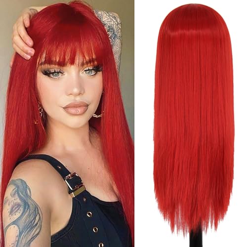 Perücke Damen Perücke Rot Lang mit Pony Natürliche Niedliche Synthetische Perücken für Daily Party Kostüm Glatte Rot Perücken für Fasching Karneval Halloween VD111R von Juziviee