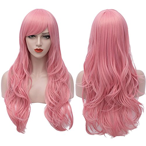 Perücke Rosa Damen Perücke Lang mit Pony Synthetische Perücken für Daily Party Kostüm Perücken für Fasching Karneval Halloween VD130C von Juziviee