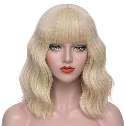 Perücke Weiß mit Pony für Damen kurz Bob Locken Gewellte Perücken Synthetische Perucken wie Echthaar für Mädchen Tägliche Anwendung Wig VD133C von Juziviee