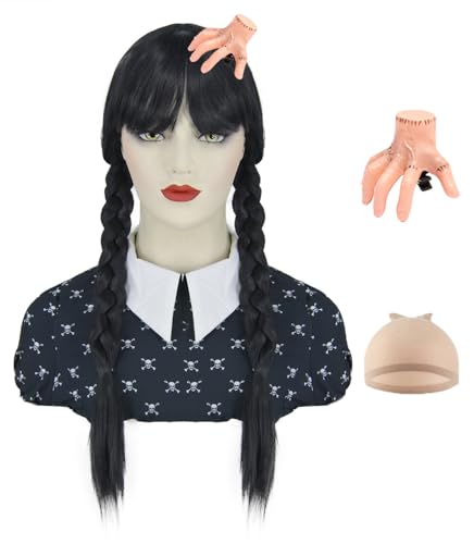 Schwarze Perücke für Addams Perücke Damen mit Pony Lang Schwarze Perücke mit Addams Family Hand Haarnadel für Addams Kostüm Mädchen Perücke Cap für Fasching Karneval Halloween VD121 von Juziviee