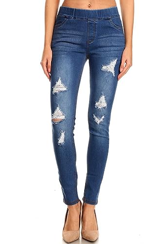 Damen Ripped Destroyed Skinny Jeans Pull On Stretch Elastische Taille Denim Jeggings Regular-Plus Size, Blau 55, X-Groß von Jvini