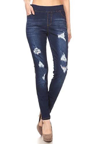 Damen Stretch Pull-On Jeans Skinny Zerrissen Distressed Denim Jeggings Regular Plus Größe, Dunkles Denim, X-Groß von Jvini