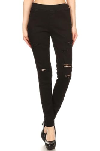 Damen Stretch Pull On Skinny Ripped Distressed Denim Jeggings Regular Plus Size - Schwarz - Mittel von Jvini