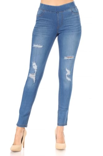 Damen Stretch Pull-On Jeans Skinny Ripped Distressed Denim Jeggings Regular Plus Size, Medium Denim, M von Jvini